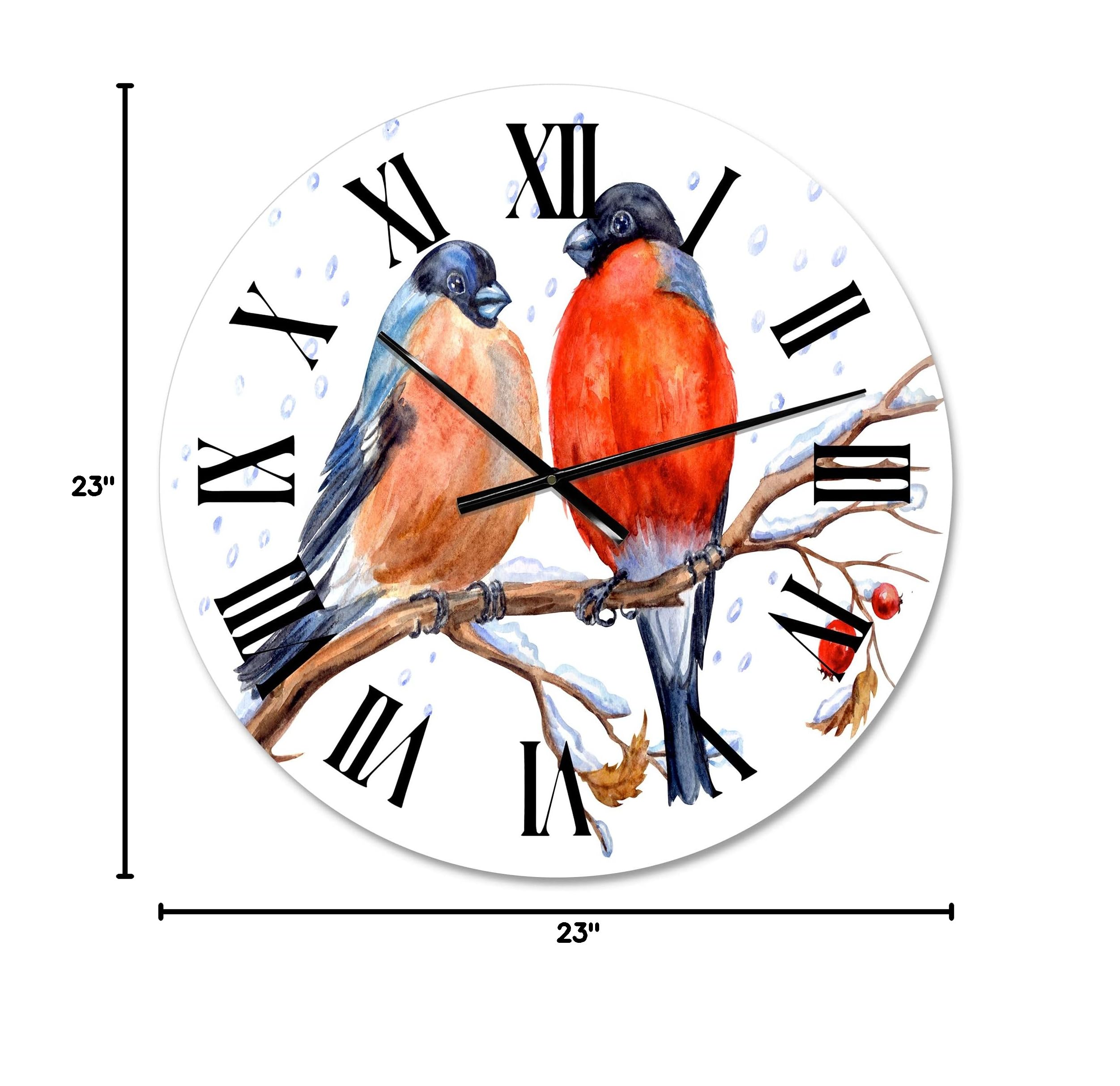 DesignQ Traditional Wall Clock - Two Bullfinches on Hawthorn Branch with Snowfall - Large Decorative Wall Clock for Bedroom, Living Room, Office | Perfect for Home Decor, Gift Giving & Farmhouse Style Interiors