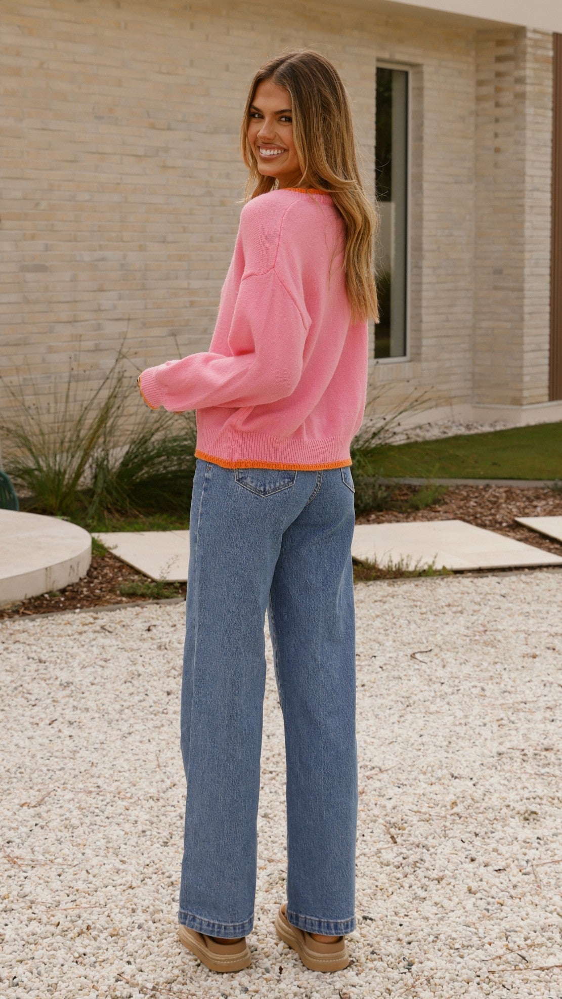 Hazina Tie Long Sleeve Knit Top for Women - Soft Stretchy Casual Blouse in Pink & Orange | Perfect for Office Wear, Date Night & Fall Layering