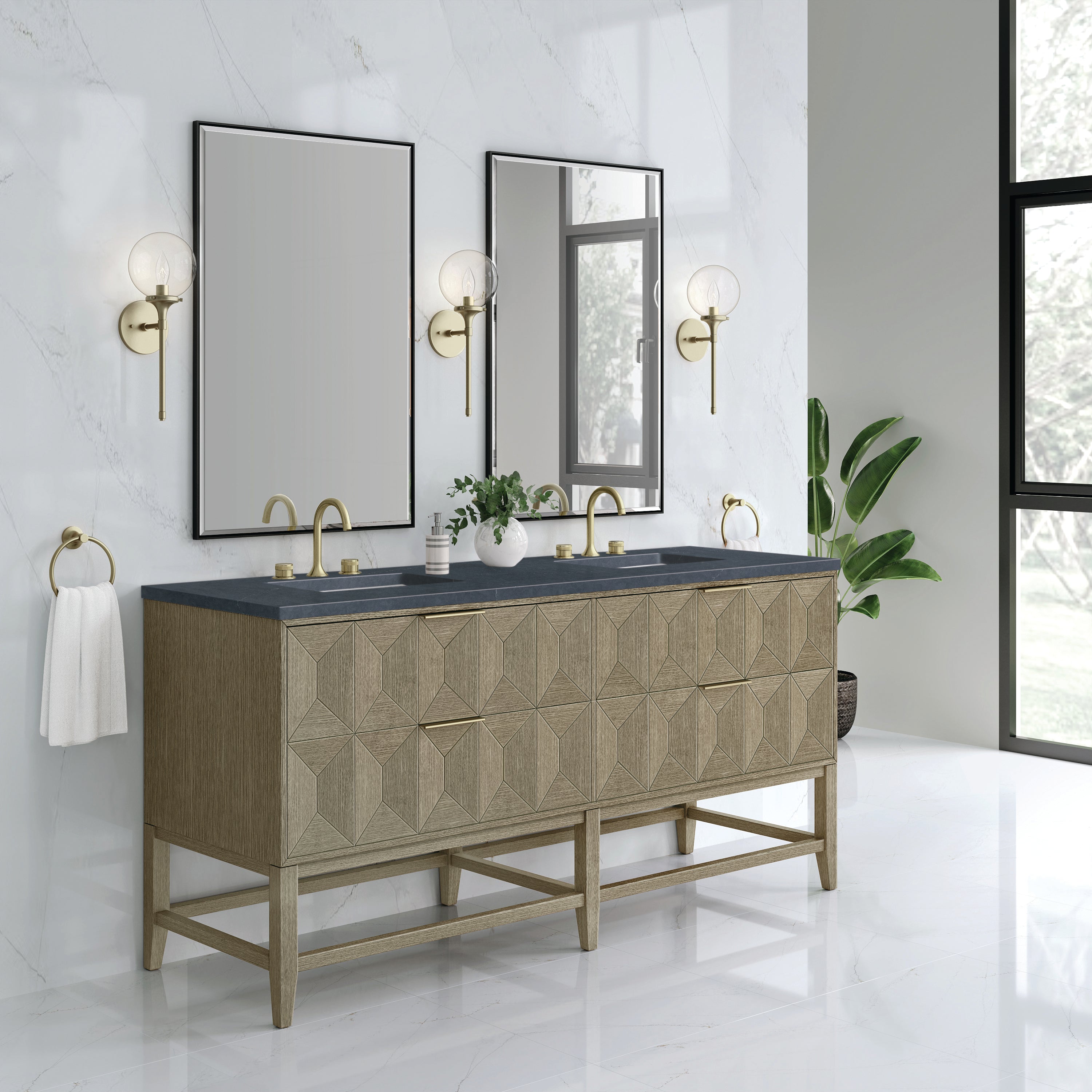 Emmeline 72 Inch Double Bathroom Vanity with Pebble Oak Finish & 3CM Charcoal Soapstone Countertop - Perfect for Master Bathroom Renovation and Modern Home Decor