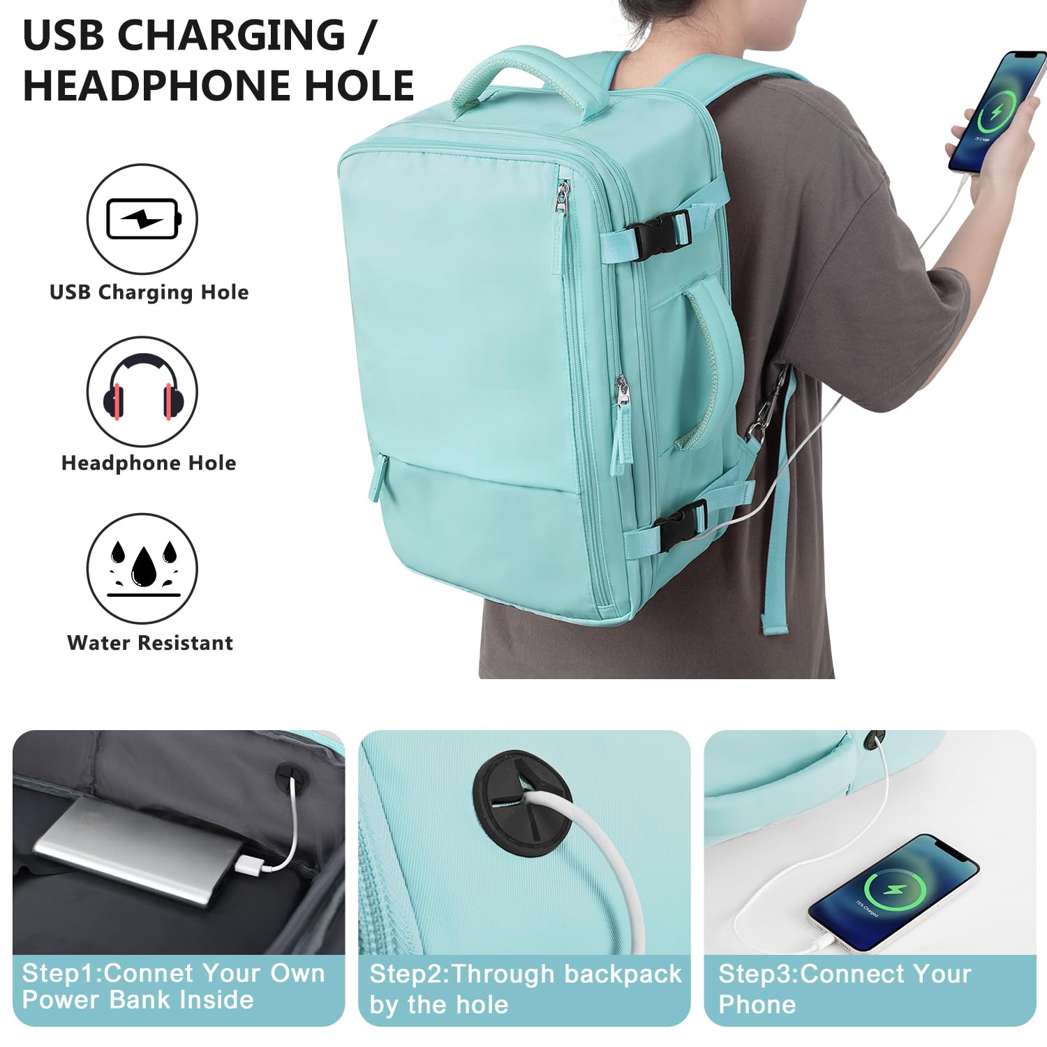 Snoffic Waterproof Travel Backpack for Men & Women - 17.3 Inch Laptop Backpack, Carry-On Personal Item Size, Lightweight Daypack for College, Business, Hiking & Casual Use - Blue & Green