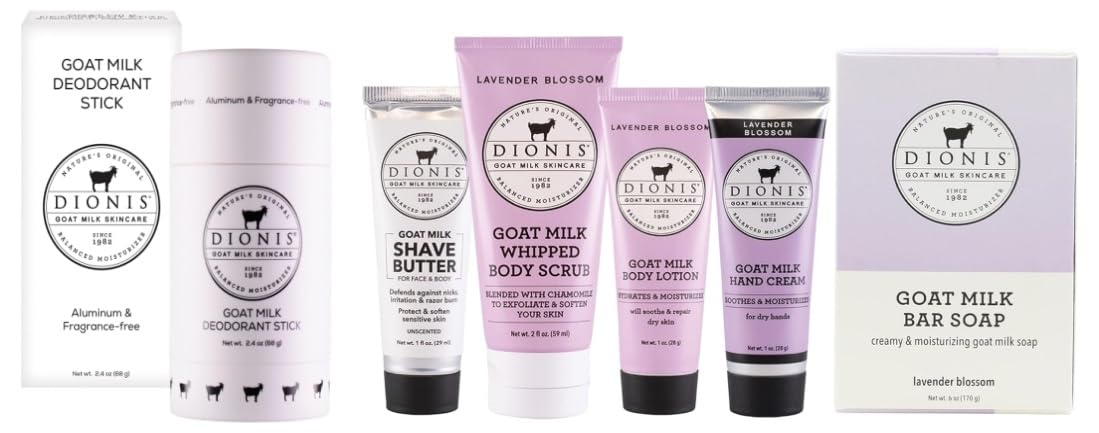 Dionis Goat Milk Skincare Deodorant Stick & Lavender Blossom Travel Set - 6pc Natural Self Care Essentials for Women & Men | Perfect for Travel, Gym & Daily Use