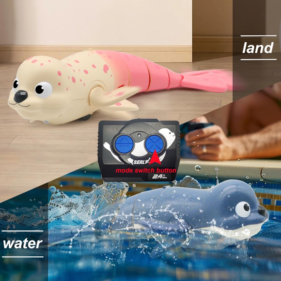 Waterproof Remote Control Seal Toy - 2.4Ghz Amphibious RC Swimming Robot Fish with Rechargeable Battery - Fun Bath & Pool Toy for Kids (Pink) - Perfect for Indoor Pools, Bathtime Play & Backyard Water Games