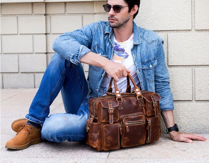 Stylish Brown Leather Weekender Bag for Men & Women - Perfect for Travel, Gym, and Weekend Getaways