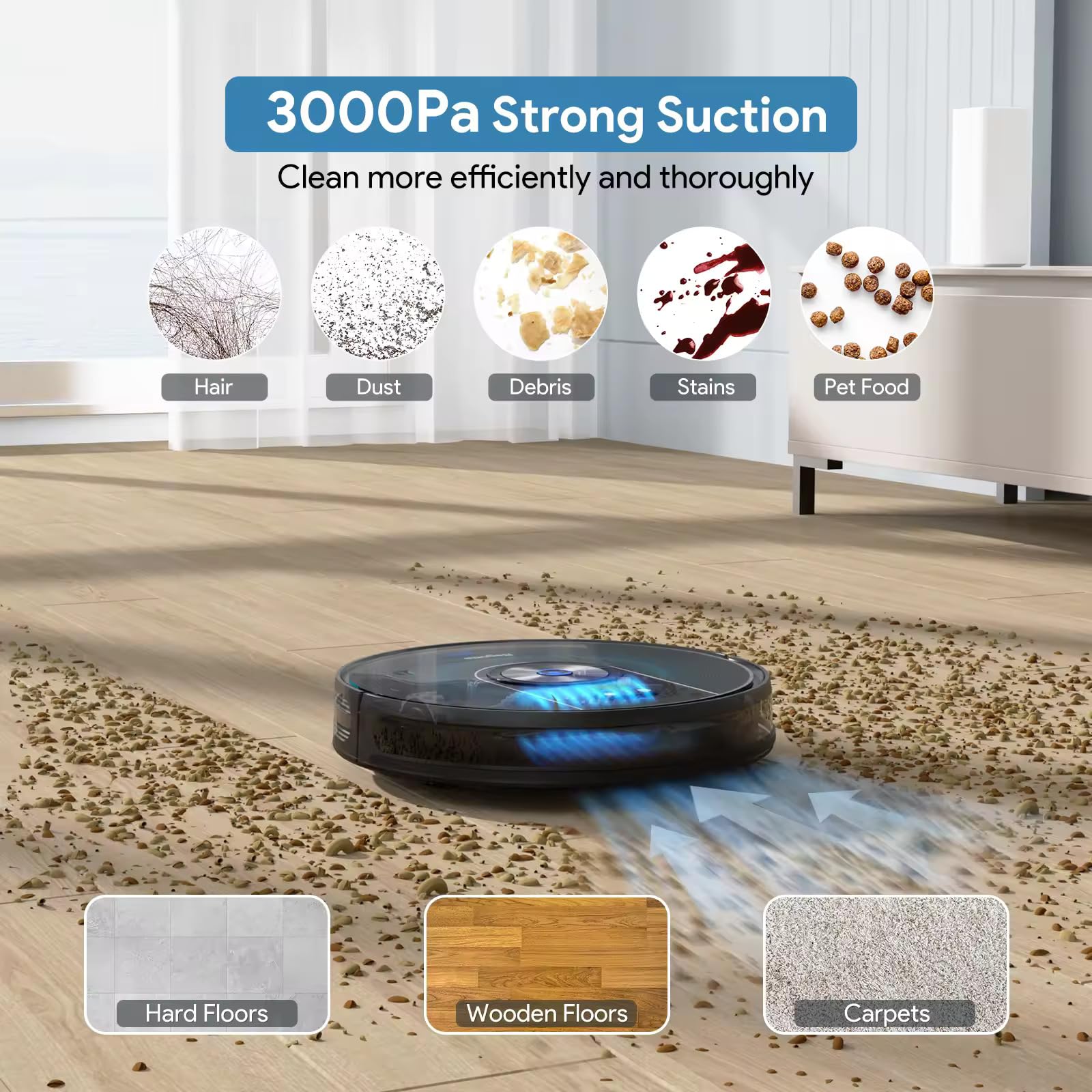 BG800 Robot Vacuum Cleaner 3000Pa Strong Suction - Smart APP/Voice/Remote Control, Auto Self-Charging, Scheduled Cleaning - Perfect for Pet Hair, Hardwood Floors & Low-Pile Carpets (Black) | Ideal for Homes with Pets, Daily Floor Maintenance & Smart Home Integration
