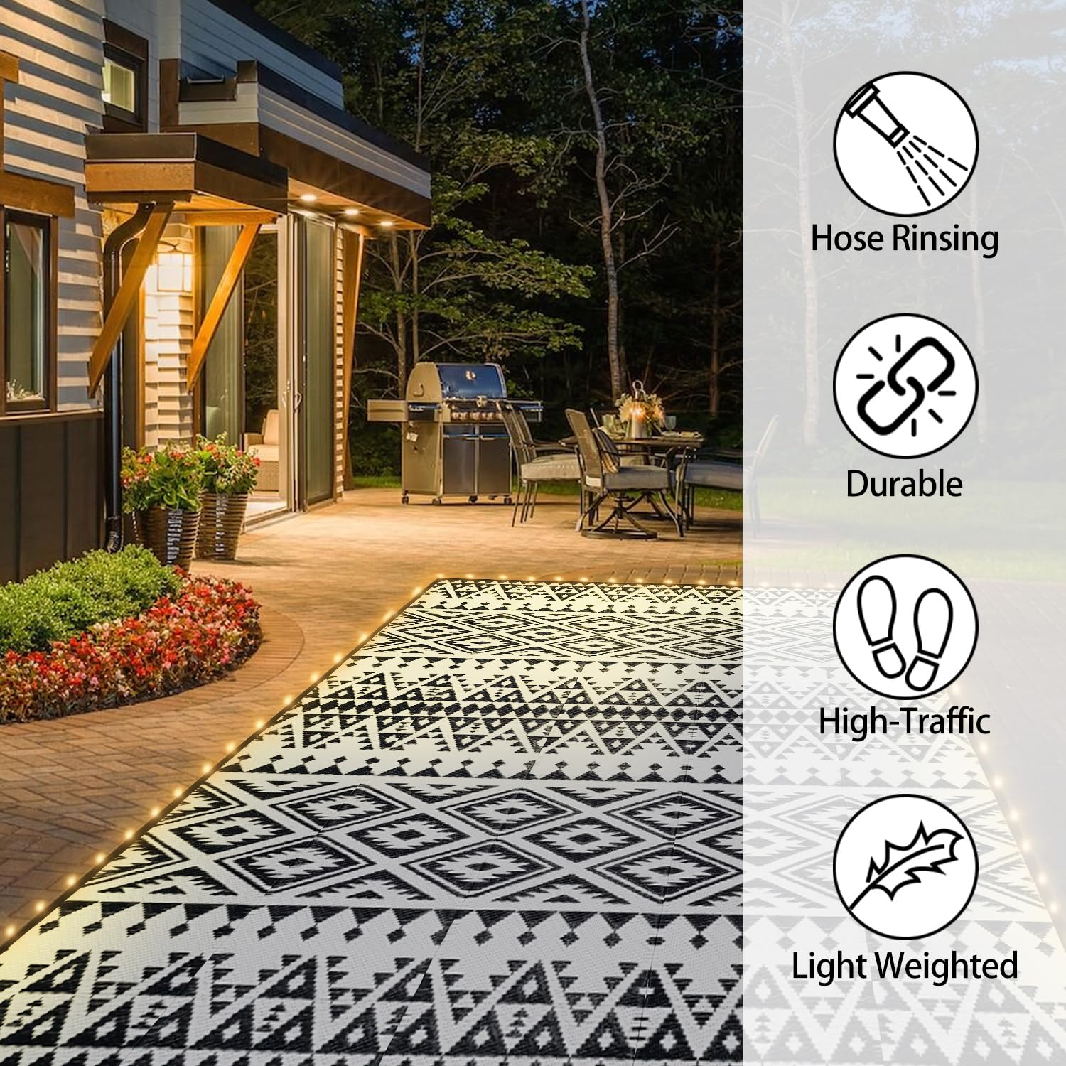 **8x10ft Waterproof Reversible Outdoor Rug with LED Strip Lights – Plastic Straw Mat for Patio, Deck, RV, Camping, Porch, Backyard & Balcony – Black & White Design – Perfect for Nighttime Gatherings & Outdoor Decor**