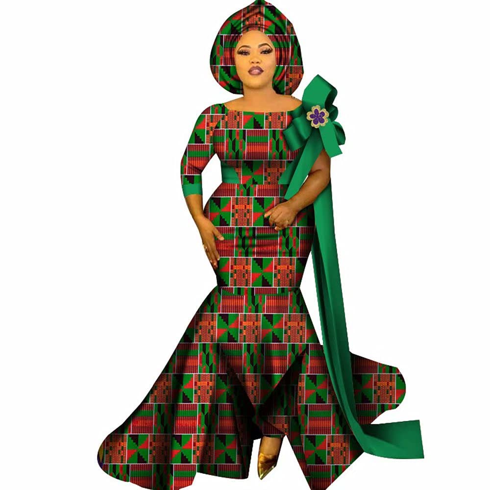 African Wedding Dresses for Women Plus Size - Floral Print O-Neck Short Sleeve Long Dress with Matching Headscarf | Traditional Bridal Gown for Ceremony, Cultural Events & Special Occasions