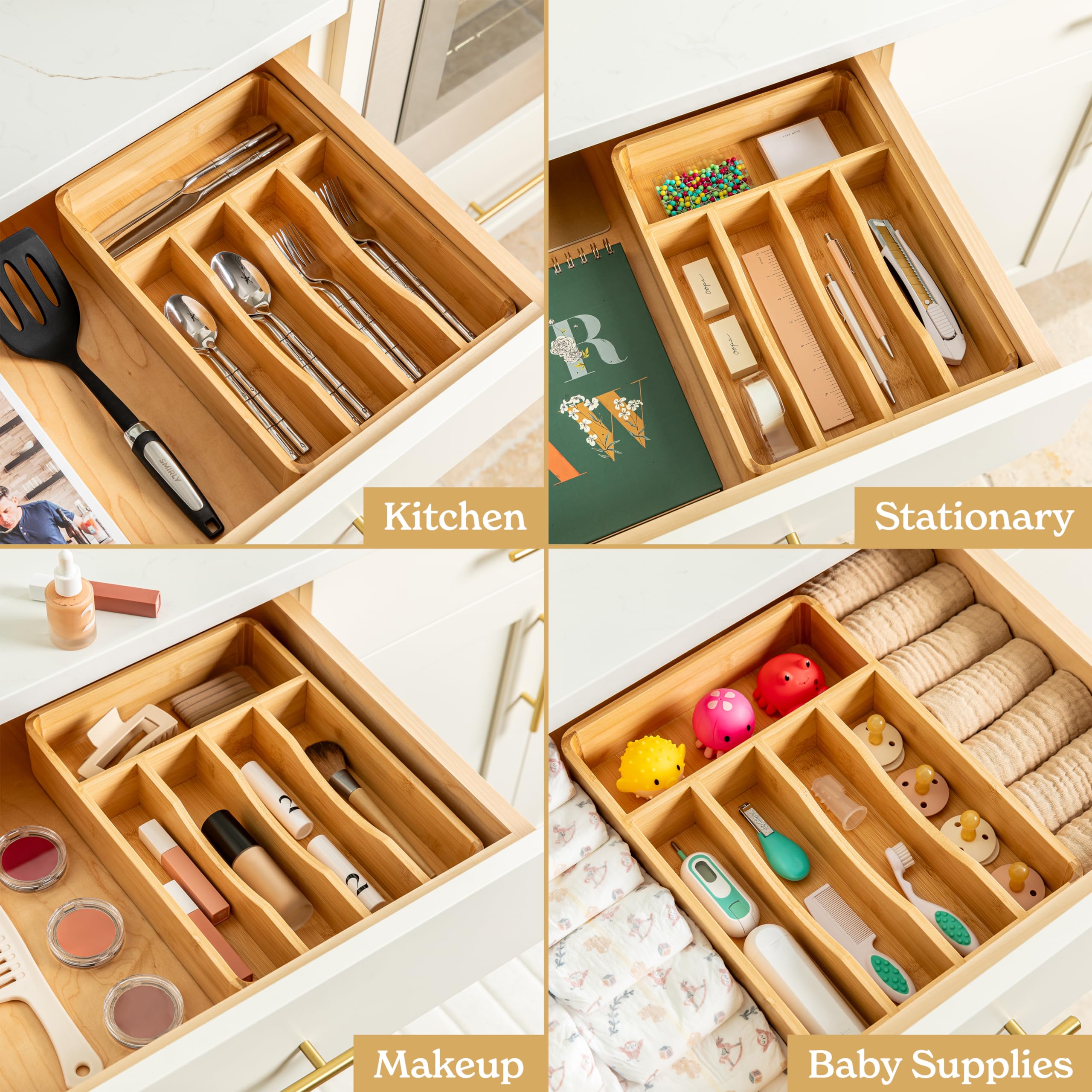 SMIRLY Bamboo Kitchen Drawer Organizer - Silverware & Utensil Tray for Knives, Forks, Spoons - Perfect for Kitchen Drawer Organization & Storage