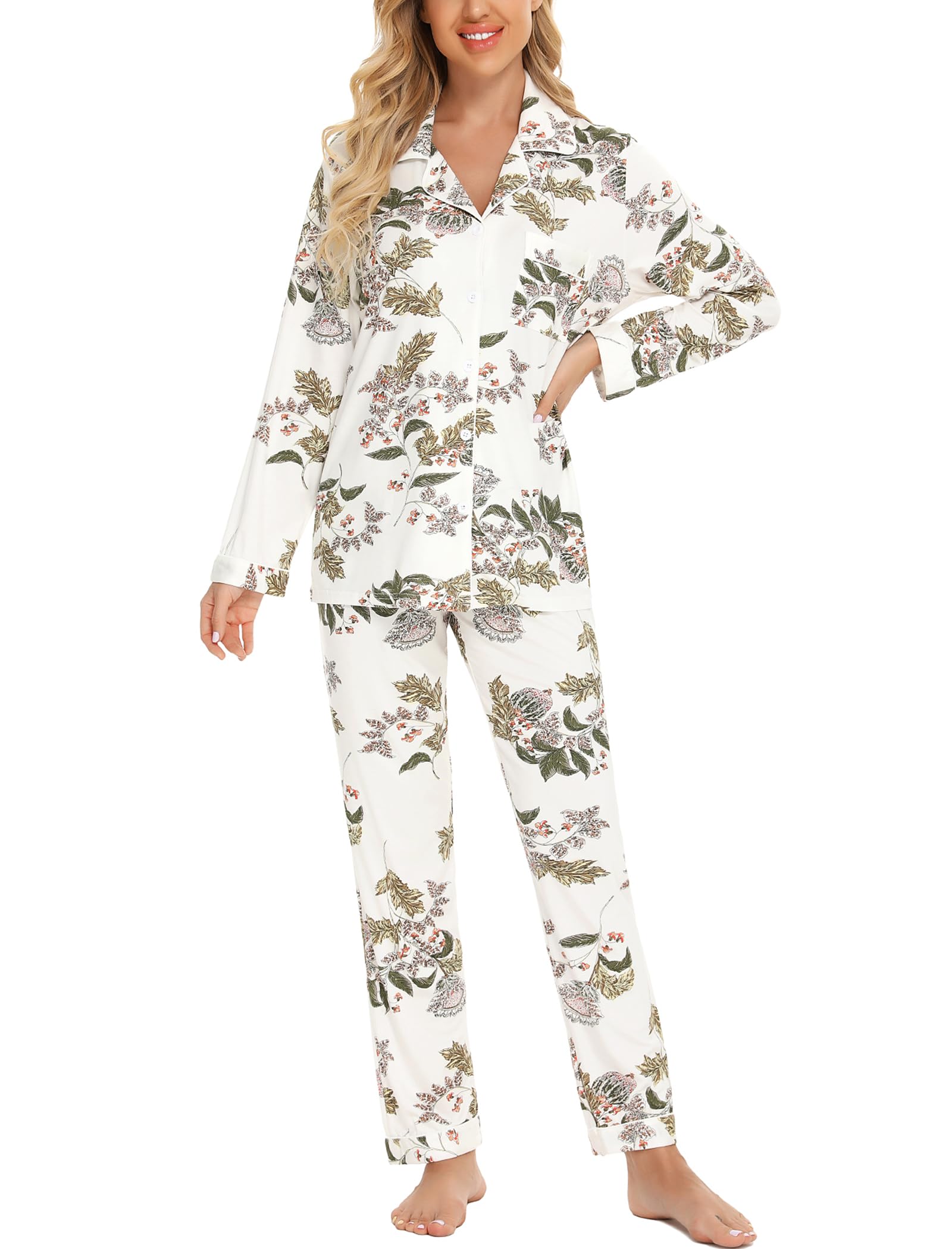 Leikar Women's Button Up Pajama Set - Soft Long Sleeve Shirt & Lounge Pants Comfy Sleepwear for Nightwear, Loungewear & Relaxation at Home