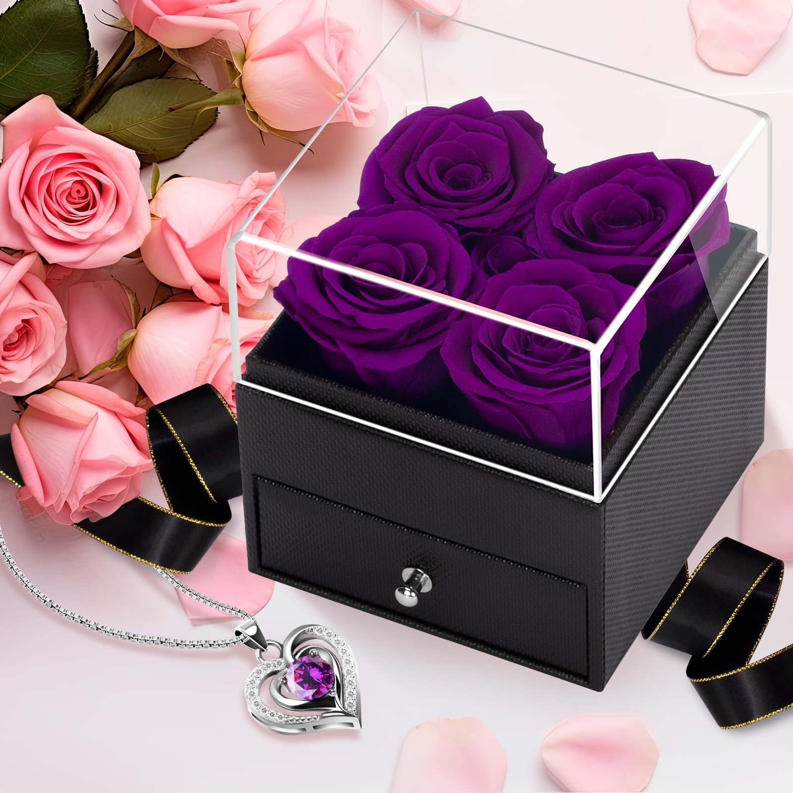 LACCHOUFEE Preserved Rose Gift Box with Necklace - 4 Real Roses Eternal Flower Arrangement for Women, Mom, Wife, Grandma, Teacher, Nurse | Perfect Birthday, Anniversary, Valentine's Day Present for Her - Romantic Home Decor & Special Occasion Gift
