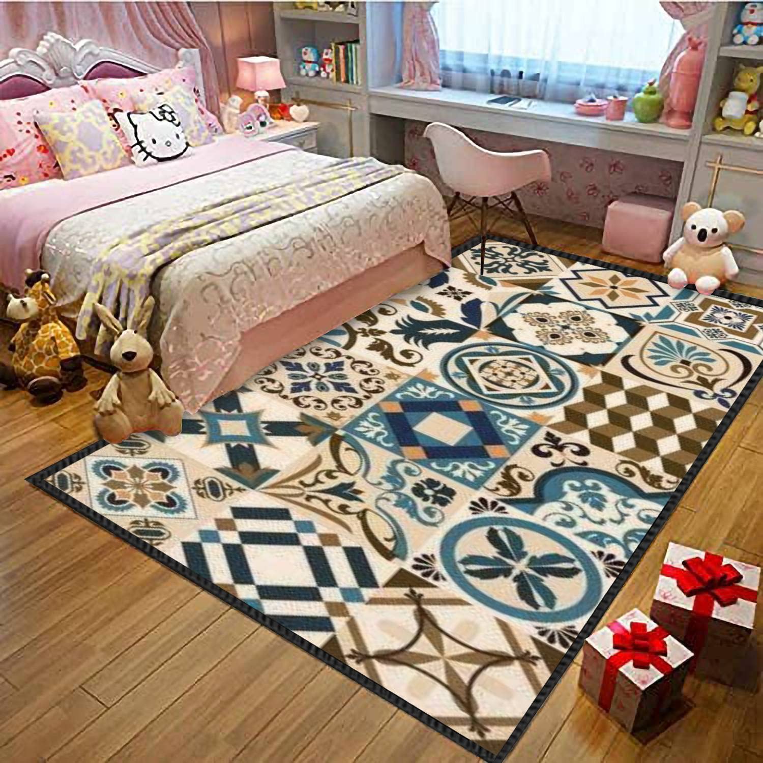 Lisbon Geometric Azulejo Tile Area Rug - Portuguese & Spanish Retro Design, Modern Abstract Soft Non-Slip Floor Carpet for Living Room, Bedroom, Kids Room | Indoor/Outdoor Use in Home Decor