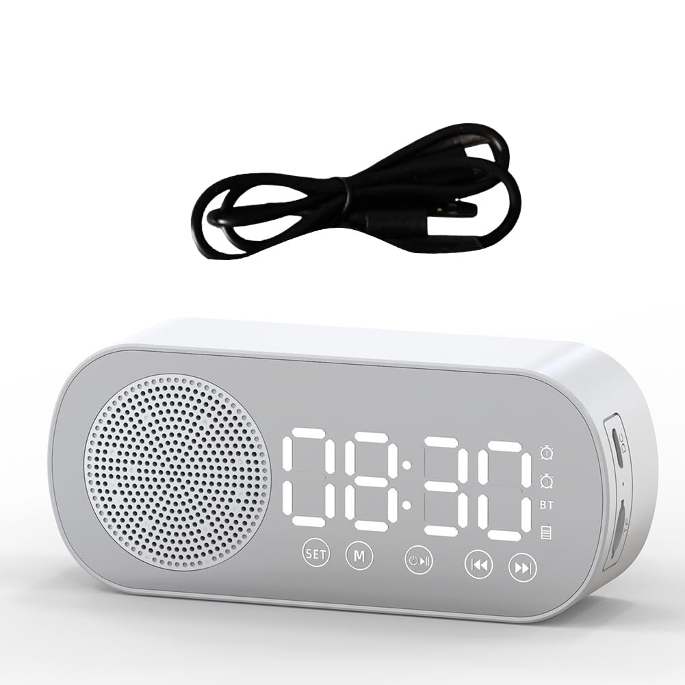 Wireless Bluetooth Speaker with Alarm Clock, FM Radio & TF Card Support - Portable Home & Office Speaker for Music, Podcasts & Wake-Up Calls - White