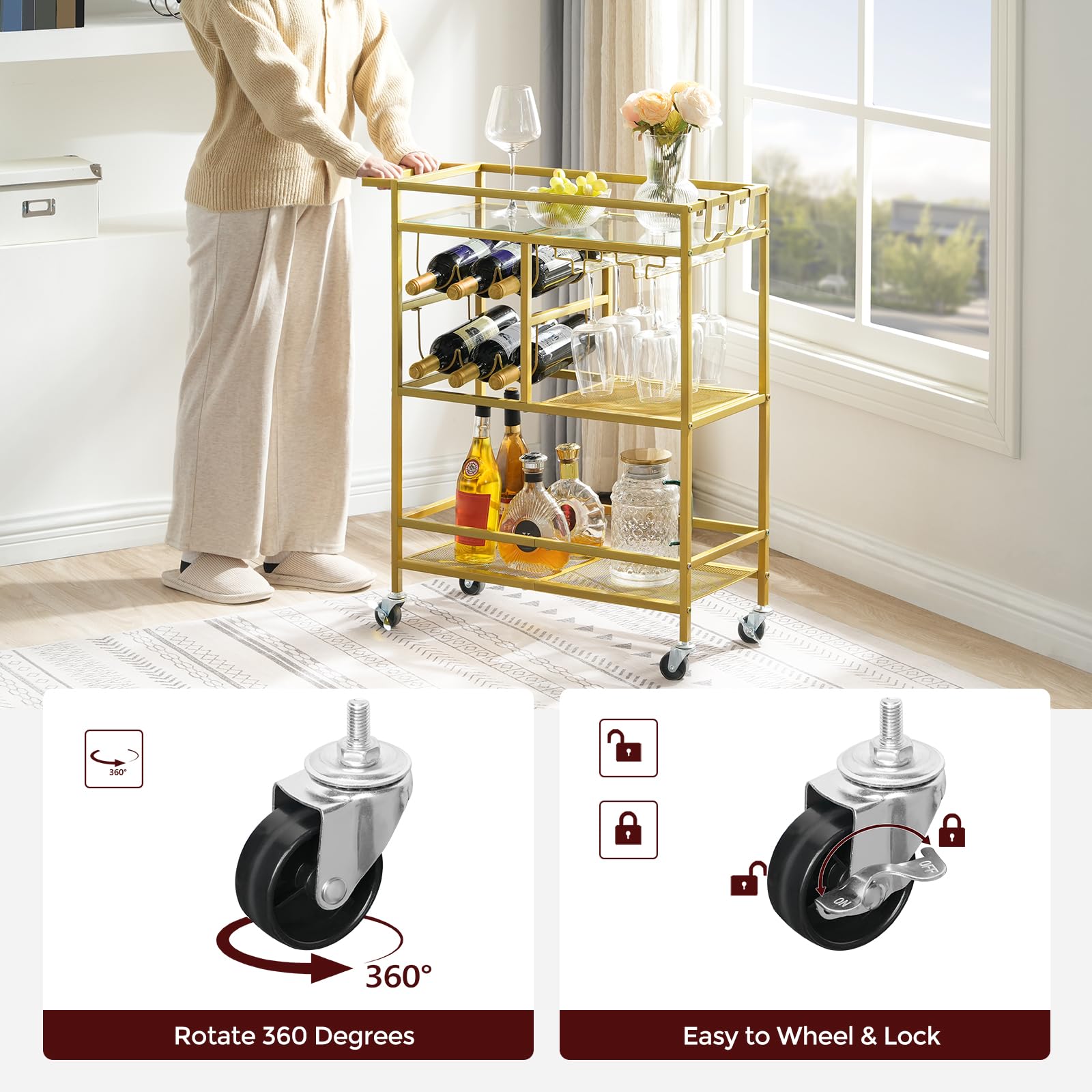 3-Tier Gold Bar Cart with Wheels & Handle - Mobile Beverage Serving Cart with Wine Rack & Glass Holders - Perfect for Kitchen, Dining Room, Home Bar, Parties & Entertaining | RCJ61B01