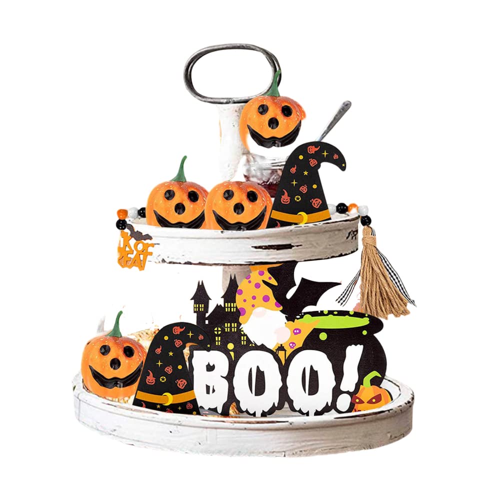 Halloween Tiered Tray Decor Set - Wooden Pumpkin & Witch Hat Signs for Haunted House Party, Holiday Table Decorations - Perfect for Halloween Home Decor, Spooky Party Centerpiece & Seasonal Display (Tray Not Included)