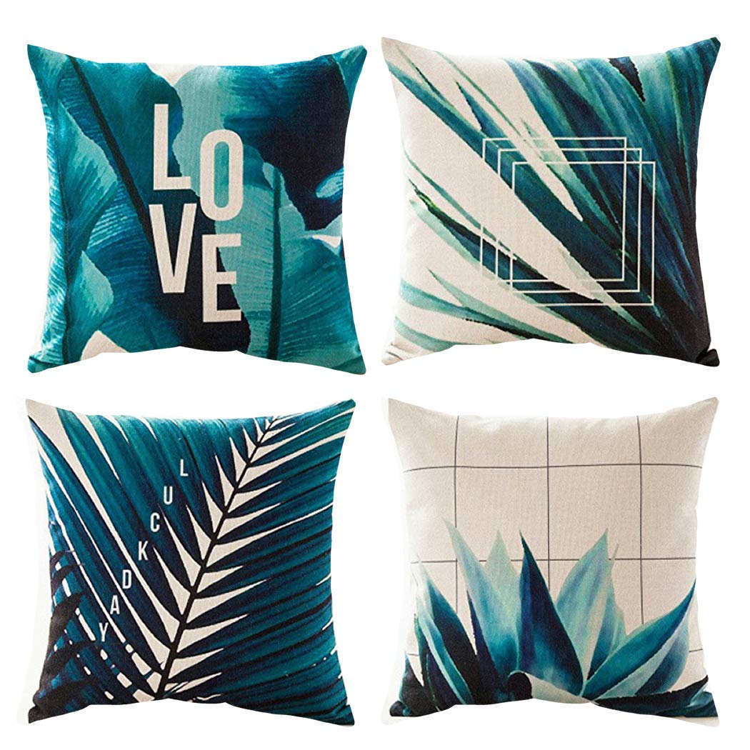 AAYU 4-Piece Turkish Decorative Pillow Covers Set - 18x18 Inches (45x45 cm) - Double-Sided Printed Love & Leaf Plant Blue Design - Perfect for Sofa, Bedroom, Car & Couch Decor