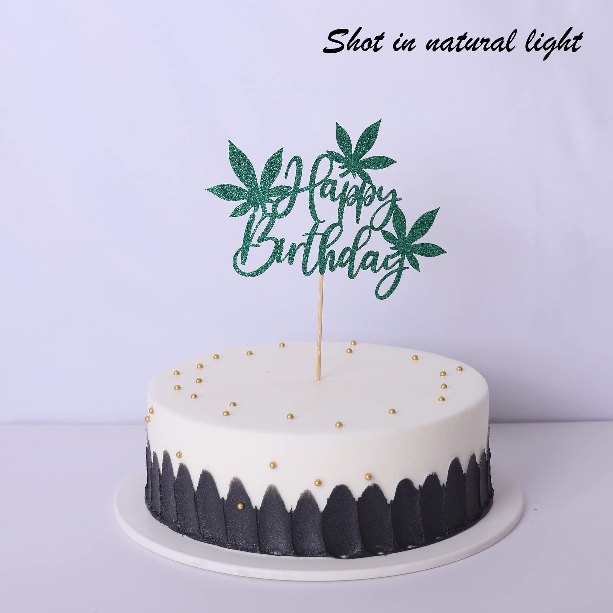 1 PCS Happy Birthday Cake Topper with Green Glitter Pot Leaf Design - 420 Themed Cake Decorations for Birthday & Anniversary Parties - Perfect for Stoner Celebrations, Cannabis-Themed Events & Festive Gatherings