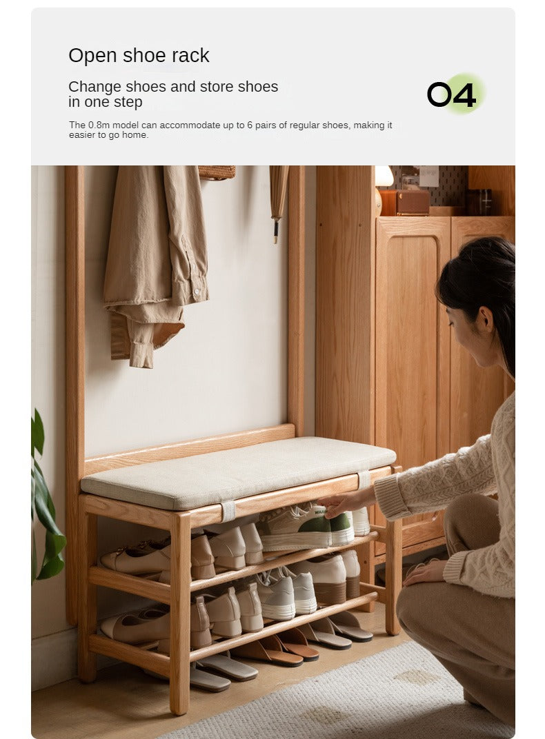 Solid Oak Wood Shoe Bench with Hooks - Entryway Organizer & Shoe Storage Stool for Hallway, Bedroom, or Mudroom