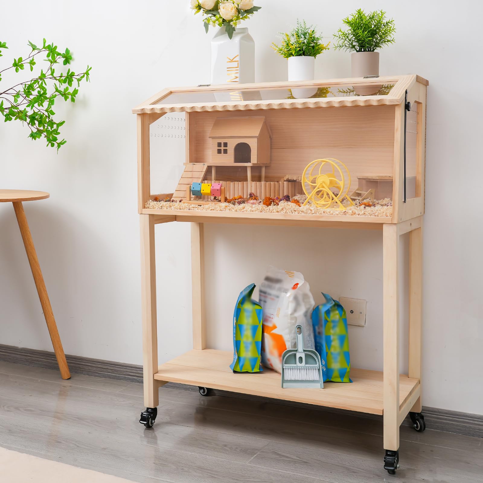 Premium Wooden Hamster Cage with Storage Shelf - Large Pine Guinea Pig Cage for Small Animals (Chinchilla, Rat, Bunny) - Spacious 32