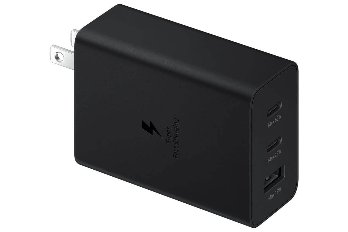 Samsung 65W 3-Port Fast Wall Charger with USB-C & USB-A Ports - Super Fast Charging for Phones, Tablets & Laptops - US Plug (Black, Cable Not Included) - Perfect for Home, Office & Travel