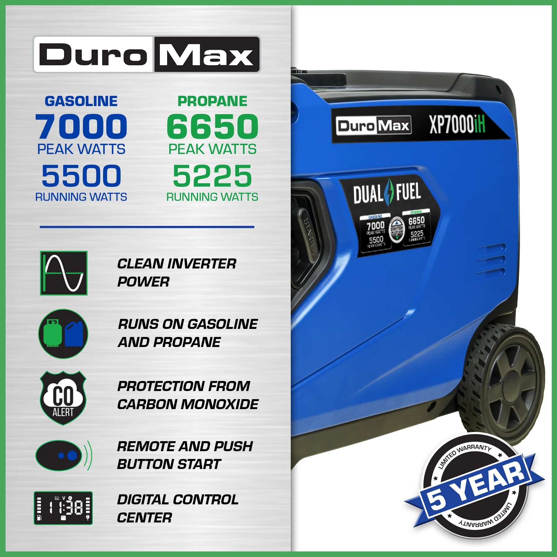 DuroMax XP7000iH 5500W/7000W Dual Fuel Portable Generator - Gas & Propane Powered with Remote Start, Inverter Technology & CO Alert - Perfect for Home Backup Power, Camping & Outdoor Activities