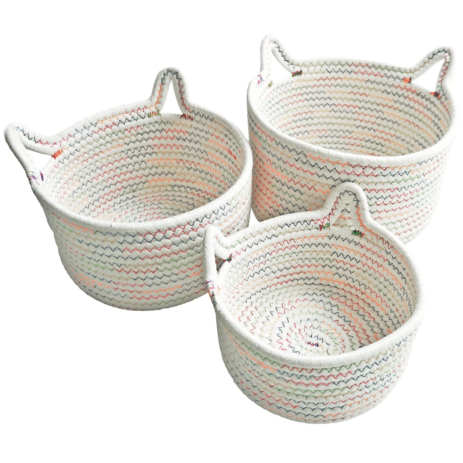 Small Woven Storage Baskets - 3-Pack Mini Cotton Rope Organizer Bins for Nursery, Desk & Home Decor | Cute Round Cat Ear Design for Toys, Gifts & Baby Girls Room | Perfect for Organizing Kids Toys, Pet Supplies & Office Accessories (White & Mixed Colors)