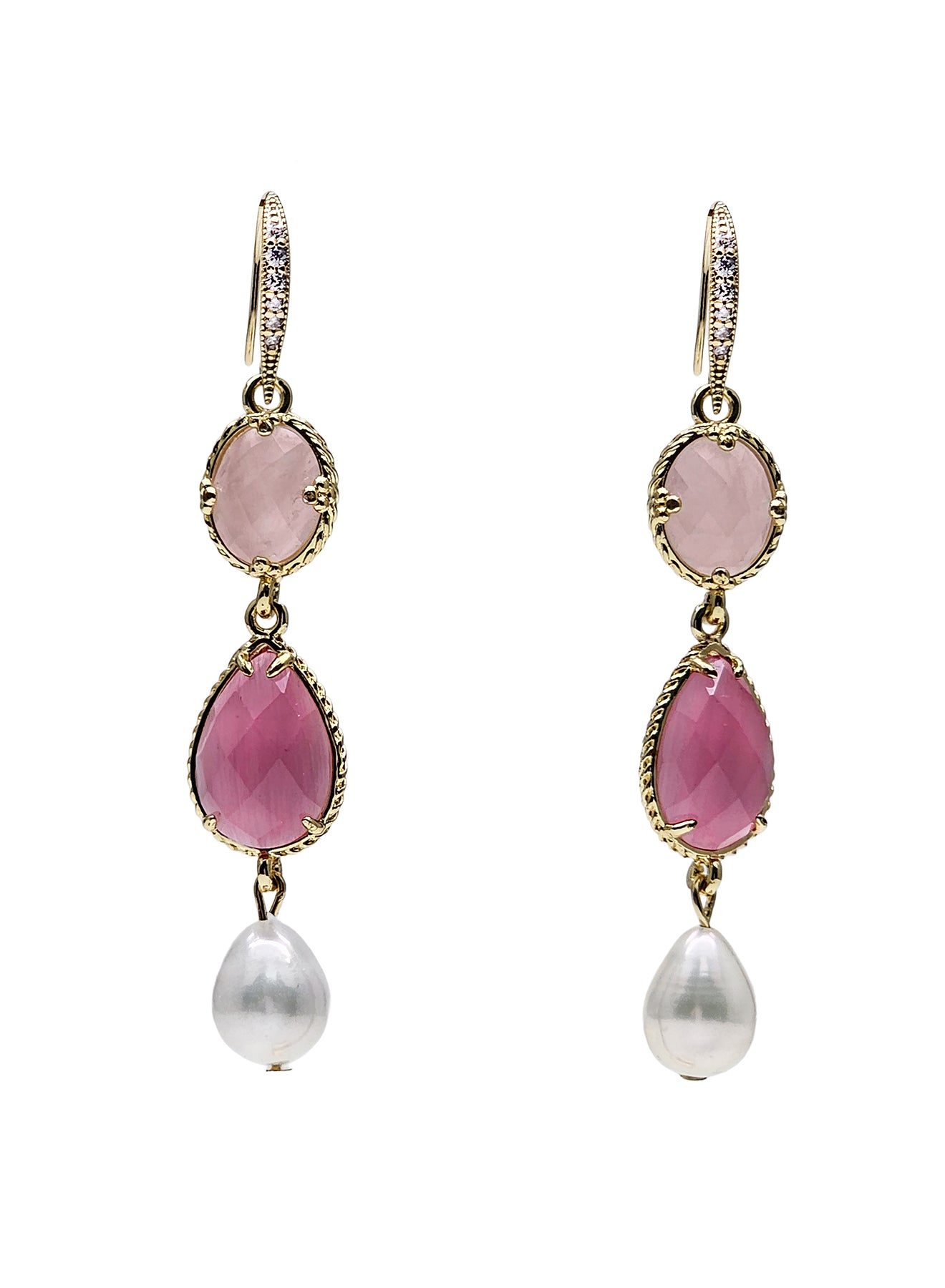 Pink Rose Quartz Pearl Dangle Earrings for Women - Elegant Boho Jewelry for Parties, Weddings & Everyday Wear