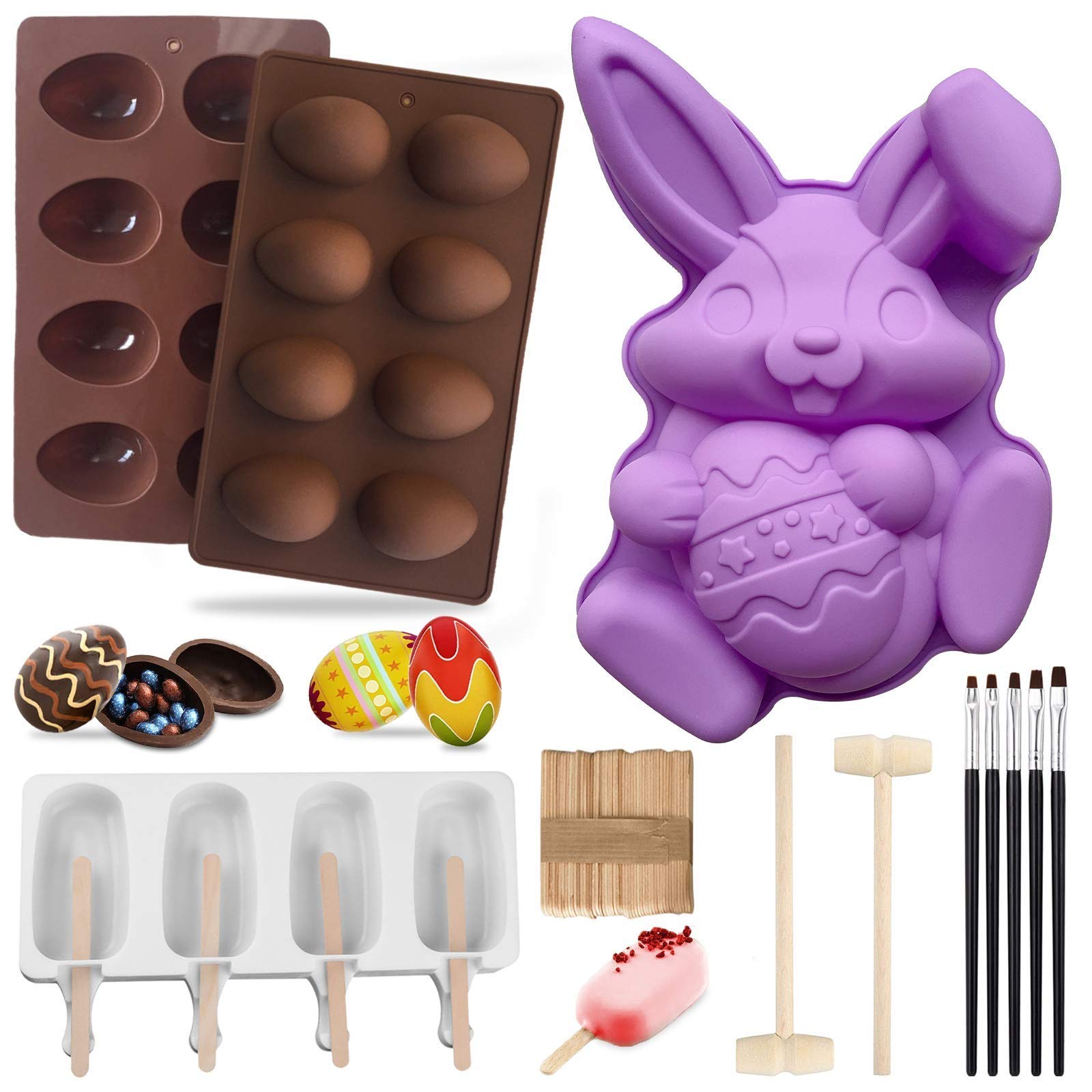 AKIGN Silicone Molds Set - Easter Egg & Popsicle Molds with 50 Wooden Sticks, Bunny Chocolate Molds, 2 Mini Wooden Hammers & 5 Cake Brushes for DIY Candy Making, Chocolate Bombs, Cake Decorating - Perfect for Holiday Baking, Party Treats and Home Kitchen Crafts