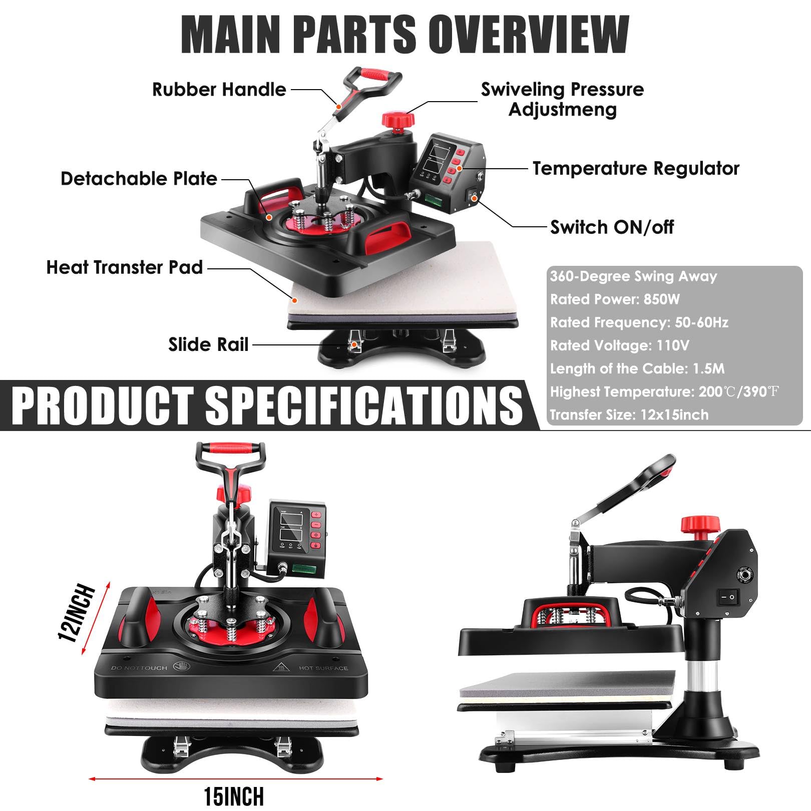 WHUBEFY 15x12 Inch 8-in-1 Digital Heat Press Machine - 360° Swing Away Sublimation Transfer for T-Shirts, Hats, Mugs & DIY Crafts | Perfect for Home Business & Custom Apparel Printing