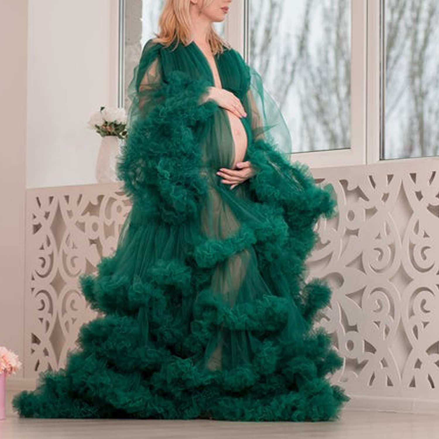 Elegant Long Tulle Robe Dress for Women - Maternity Nightgown, Bathrobe & Sleepwear - Perfect for Pregnancy Photoshoot, Bridal Shower, Boudoir & Special Occasions