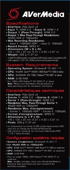 AVerMedia Live Gamer Duo GC570D 4Kp60 HDR-Passthrough PCI-E Capture Card - Ultra Low Latency for Xbox, PlayStation & PC Gaming - Perfect for Live Streaming & Esports Tournaments