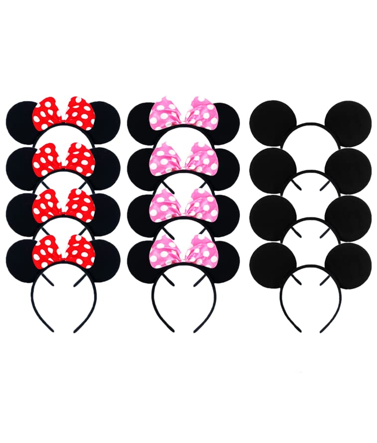 EUICAE Mouse Ears Headband - 12 Pack Costume Accessories for Adults & Kids (Black, Red, Pink) - Perfect for Disney Theme Parks, Birthday Parties, Cosplay & Halloween Celebrations