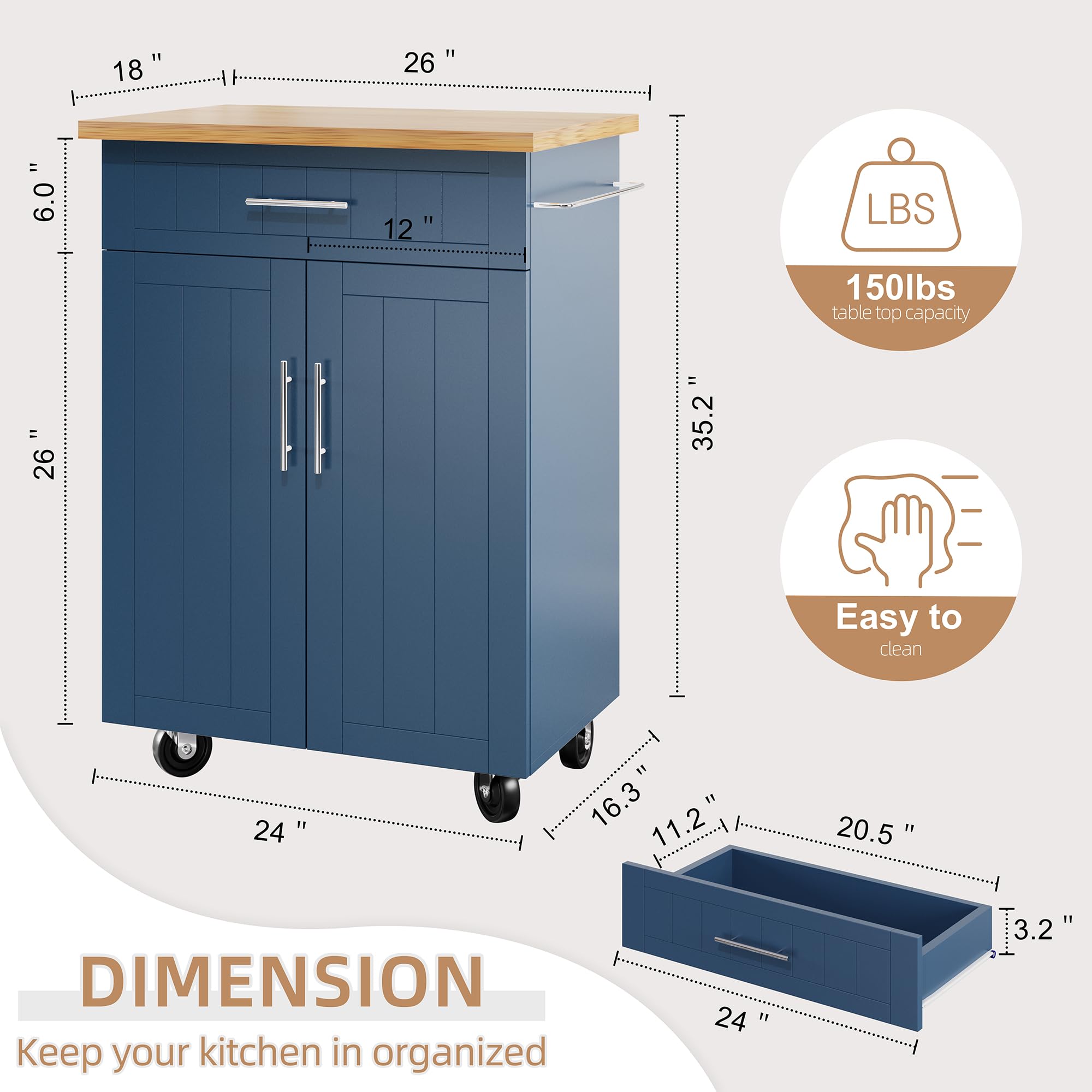Shintenchi Blue Kitchen Island Cart with Storage - Rolling Side Table on Wheels, Large Worktop, Cabinet, Towel Rack & Drawers for Kitchen, Dining Room, Small Spaces & Apartments