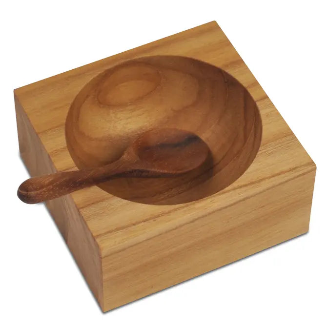 Premium Teak Wood Square Salt Cellar with Natural Teak Spoon - Elegant Kitchen Tabletop Accessory for Salt, Pepper & Spice Storage | Perfect for Dining Tables, Kitchen Countertops & Gourmet Cooking