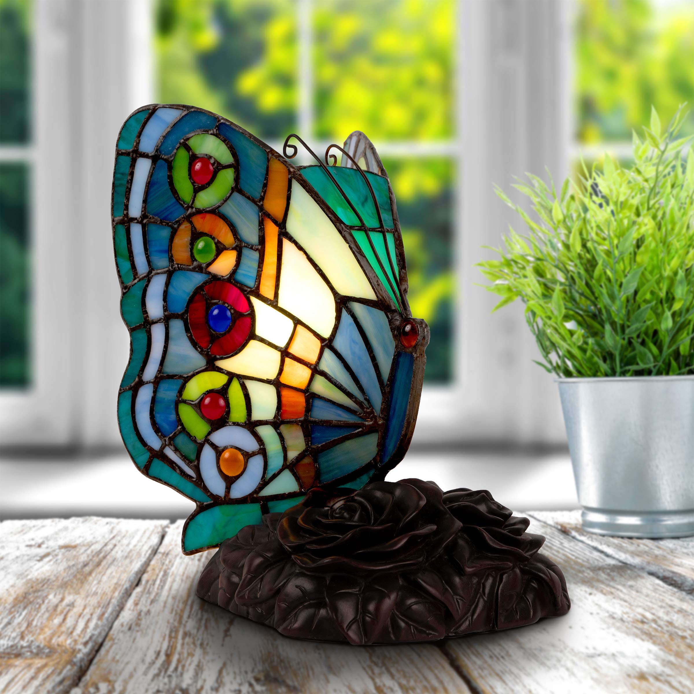 Tiffany Style Butterfly Lamp - Stained Glass Table or Desk Light with LED Bulb - Colorful Vintage Home Decor for Living Room, Bedroom & Office Lighting