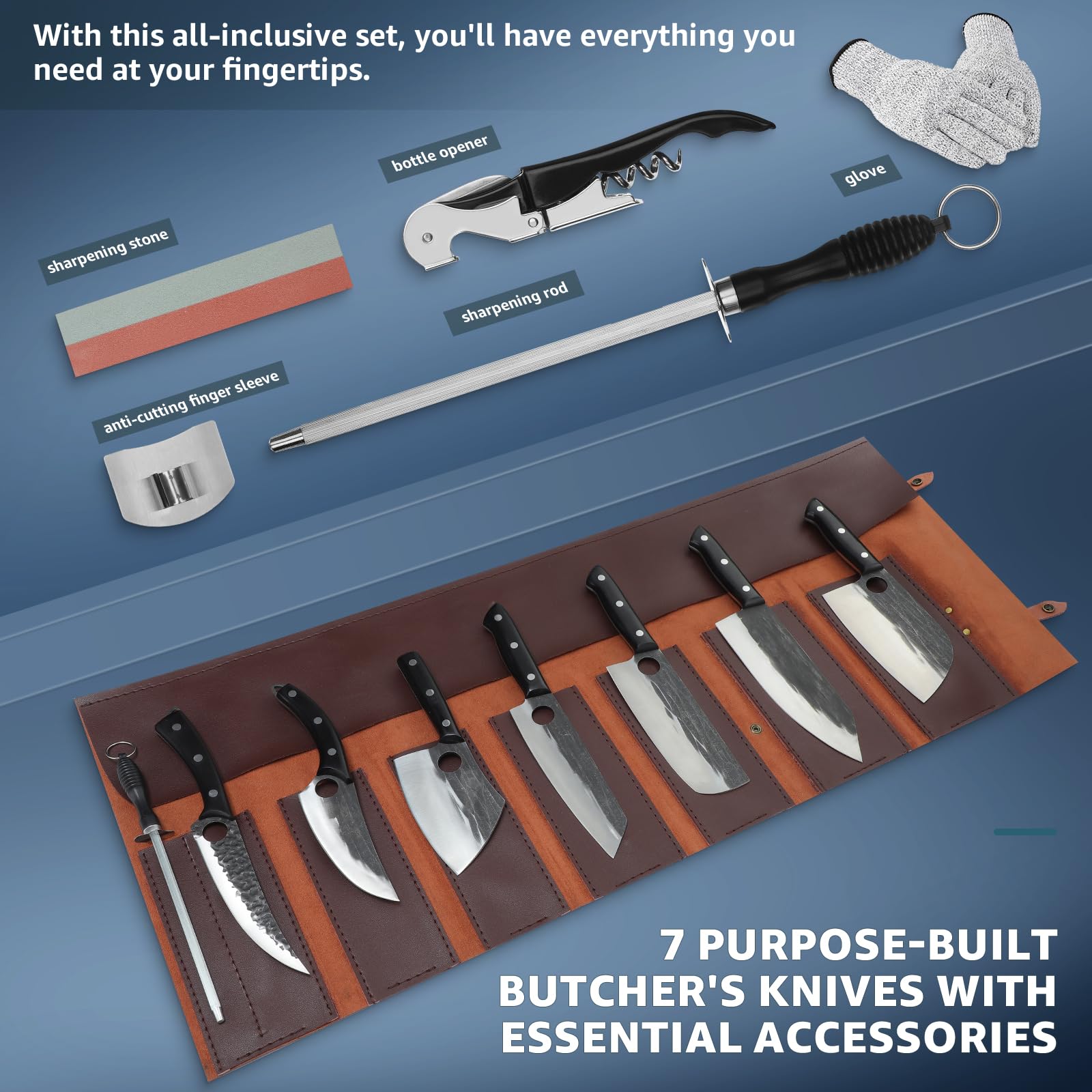 Premium 13-Piece TIVOLI Butcher Knife Set - High Carbon Steel Hand-Forged Kitchen Knives for Meat Cutting & BBQ - Includes Roll Bag - Perfect for Home Chefs, Outdoor Cooking & Professional Kitchens