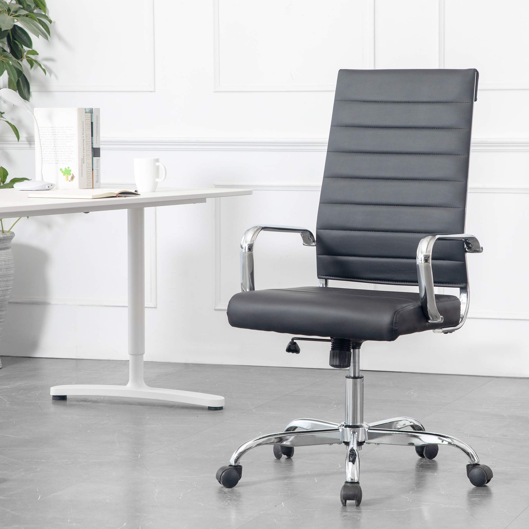 Premium LANDSUN High Back Executive Office Chair - Ergonomic Ribbed Leather Swivel Desk Chair with Adjustable Height, Wheels & Armrests - Ideal for Home Office, Conference Rooms & Task Workstations (Black)