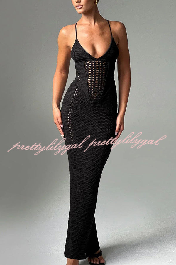 Elegant Knit Crochet Hollow Out Back Lace Up Stretch Maxi Dress for Women - Summer Beach Vacation & Boho Chic Outfit