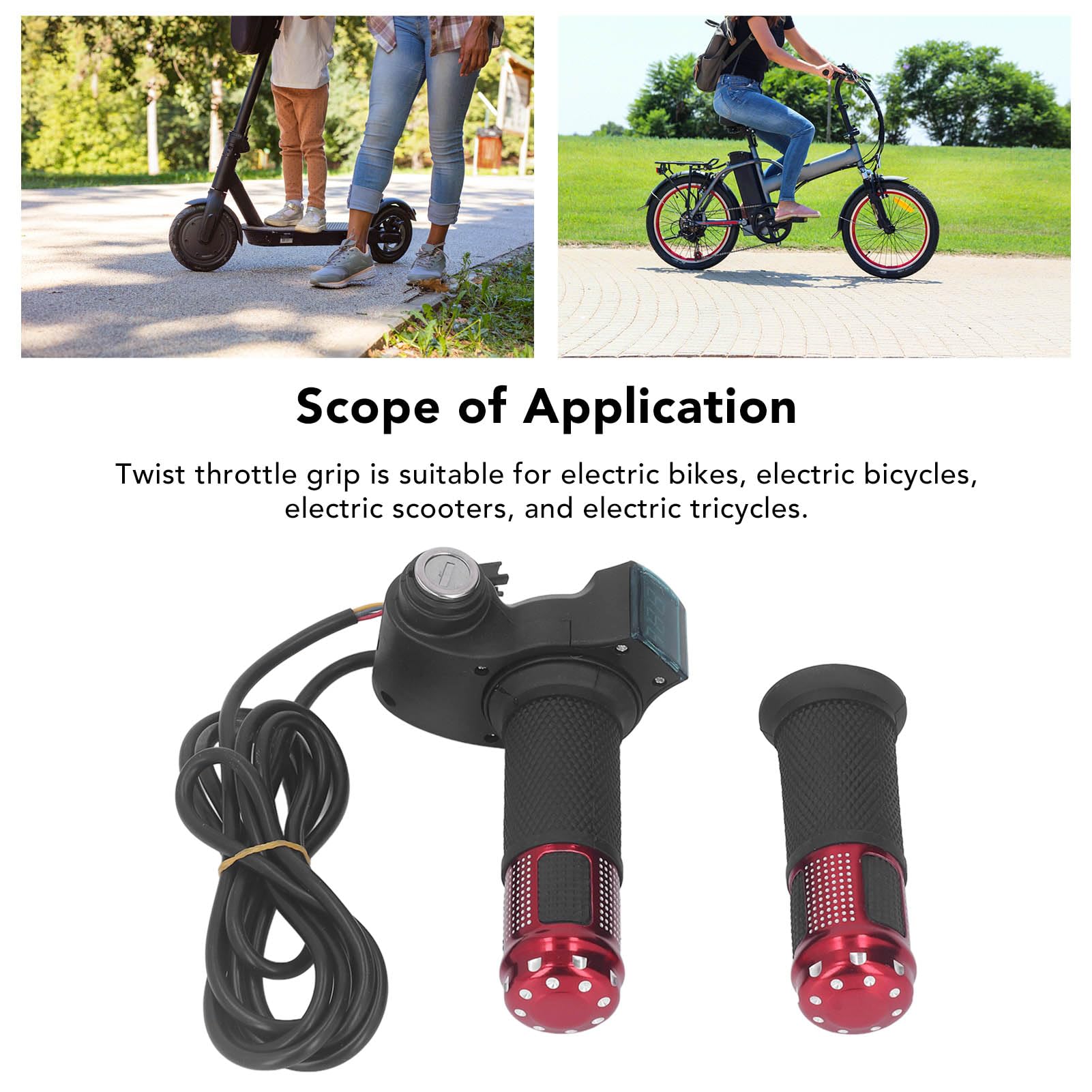 1 Pair Electric Bike Throttle Grips - 10 Inch Aluminum Alloy E-Scooter Throttle with LED Display & Power Key Lock for E-Bike (Red) | Perfect for Commuting, Off-Road & Urban Riding