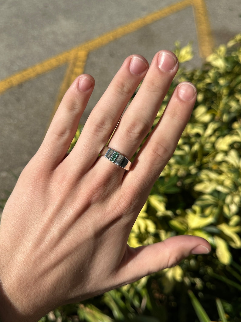 0.30tcw Natural Spring Green Emerald 3 Stone Ring - Sterling Silver 925 for Men & Women | Elegant Jewelry Gift for Anniversary, Engagement & Special Occasions