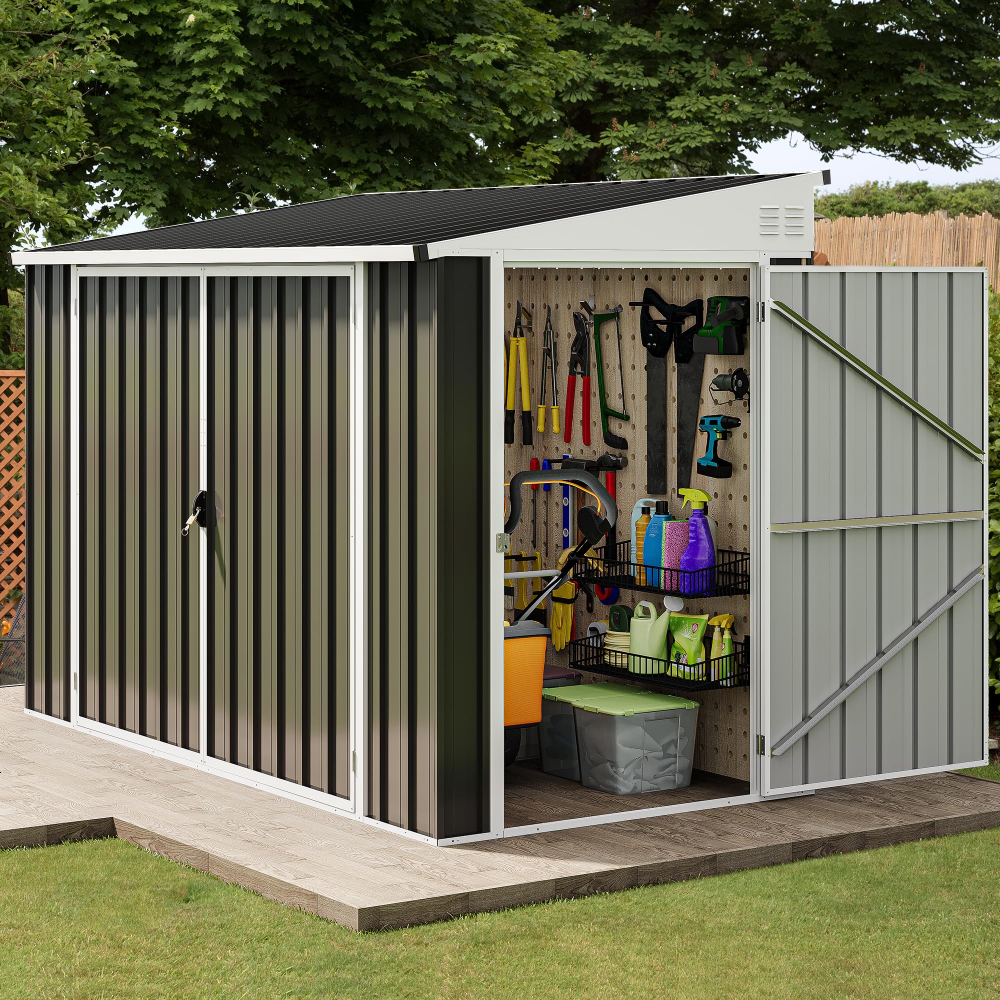 DWVO 8x4 FT Outdoor Weatherproof Storage Shed - Heavy Duty Metal Bike Shed with Lockable Door | Secure Garden Storage for Lawn Equipment, Yard Tools, Waste Bins & Outdoor Gear | Perfect for Backyard, Patio & Garage Organization (Dark Gray)