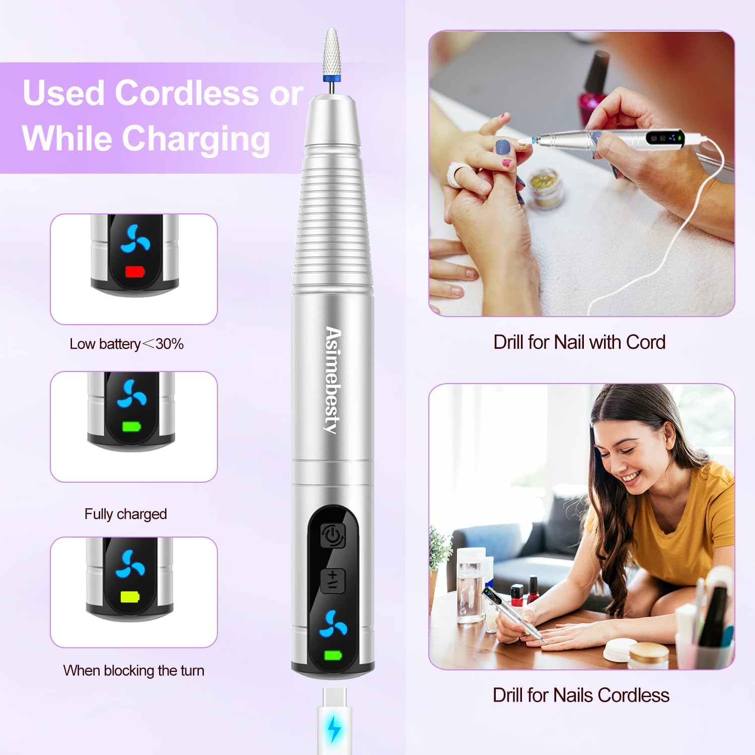 Asimebesty Cordless Electric Nail Drill & Buffer - 20000RPM Professional Nail File Kit for Acrylic/Gel Nails Removal, 12-in-1 Portable Manicure Set with Accessories - Perfect for Home Salon, Nail Art Beginners & Professional Use