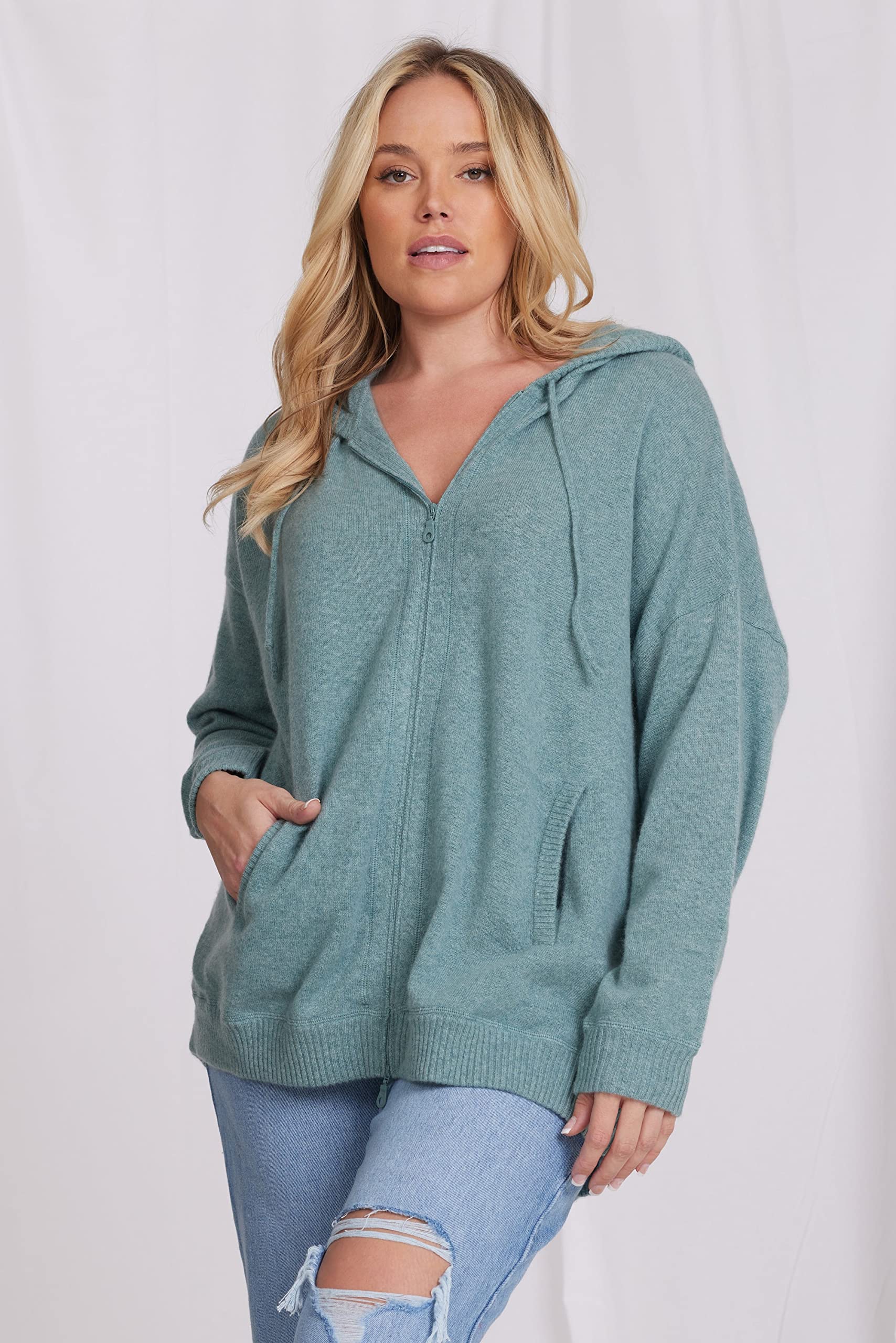 Minnie Rose Women's Oversized Cashmere Zip-Up Hoodie - Soft & Cozy Winter Sweatshirt for Casual Wear & Lounging
