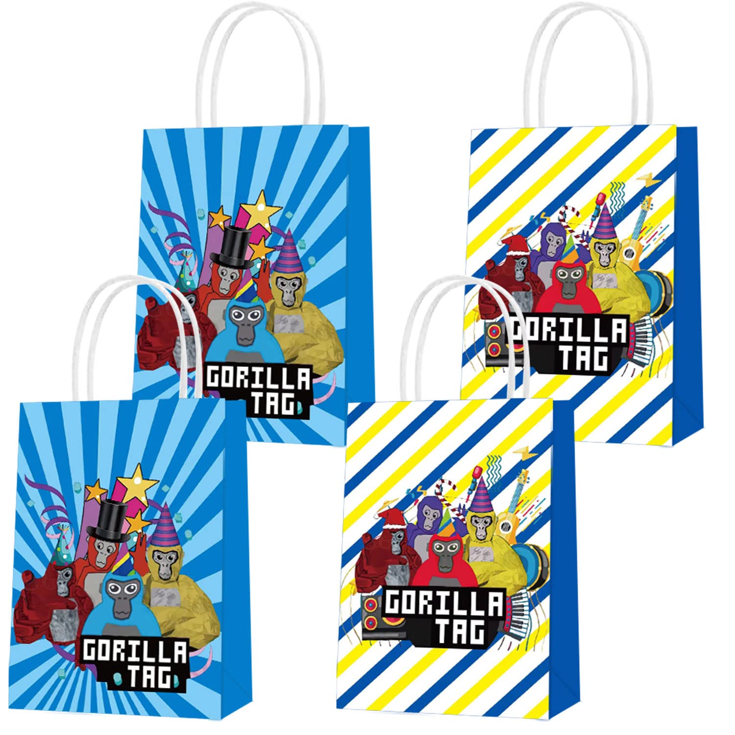 16 Pcs Gorilla Tag Themed Party Favor Bags with Handles - 2 Styles Animal Print & Solid Color Goodie Bags for Kids Birthday, Baby Shower & Carnival Events - Perfect for Candy, Toys & Gift Exchange