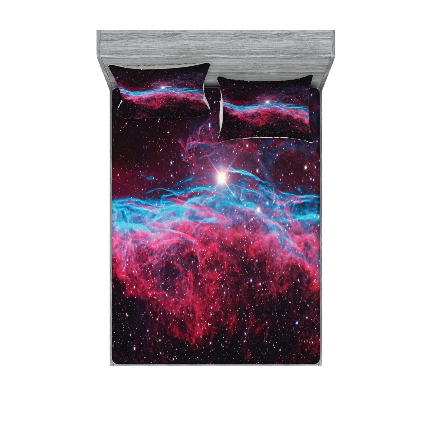 Ambesonne Galaxy Bedding Set - 2 Queen Size Fitted Sheets & 4 Pillow Shams, Outer Space Stars Nebula Design in Magenta & Black - 4 Piece Luxury Bedding Decor for Adults & Teens - Perfect for Space Themed Bedrooms, Dorm Rooms & Gift Giving