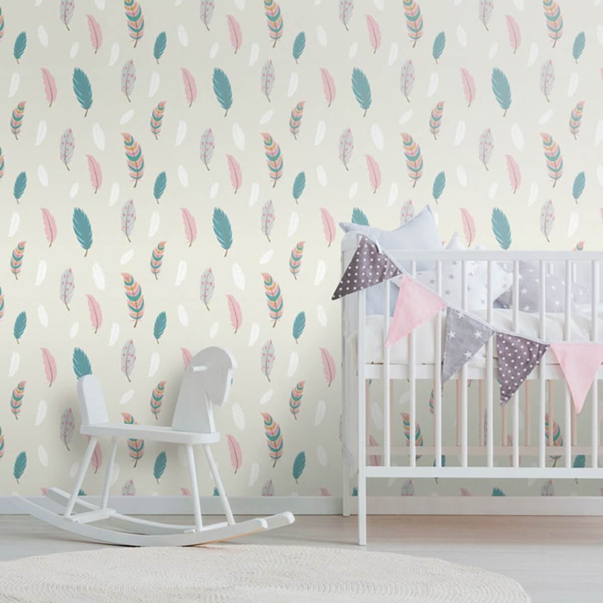 Cream and Teal Animal Print Baby Nursery Removable Wallpaper - Self-Adhesive Peel & Stick Wall Decor for Kids Room, Bedroom, Playroom