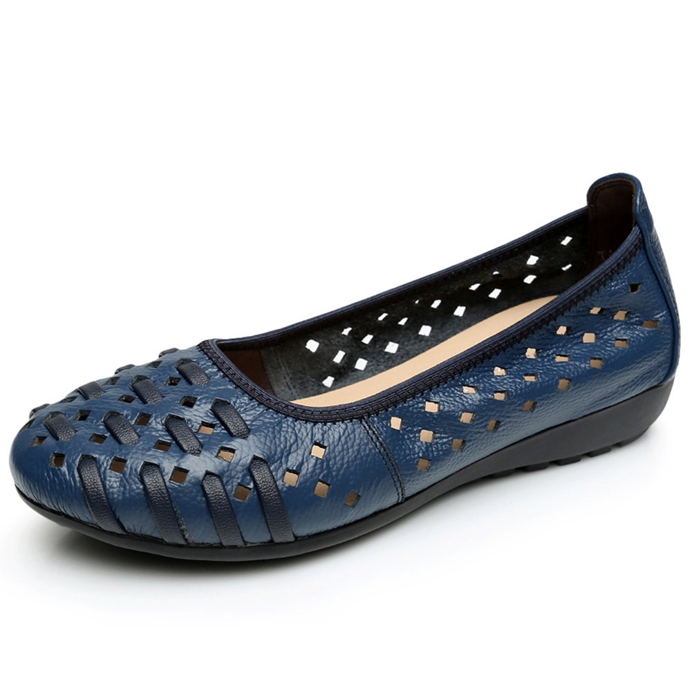 rismart Women's Hollow Comfort Slip-On Leather Ballet Flats - Breathable Lightweight Shoes for Work, Travel & Casual Wear