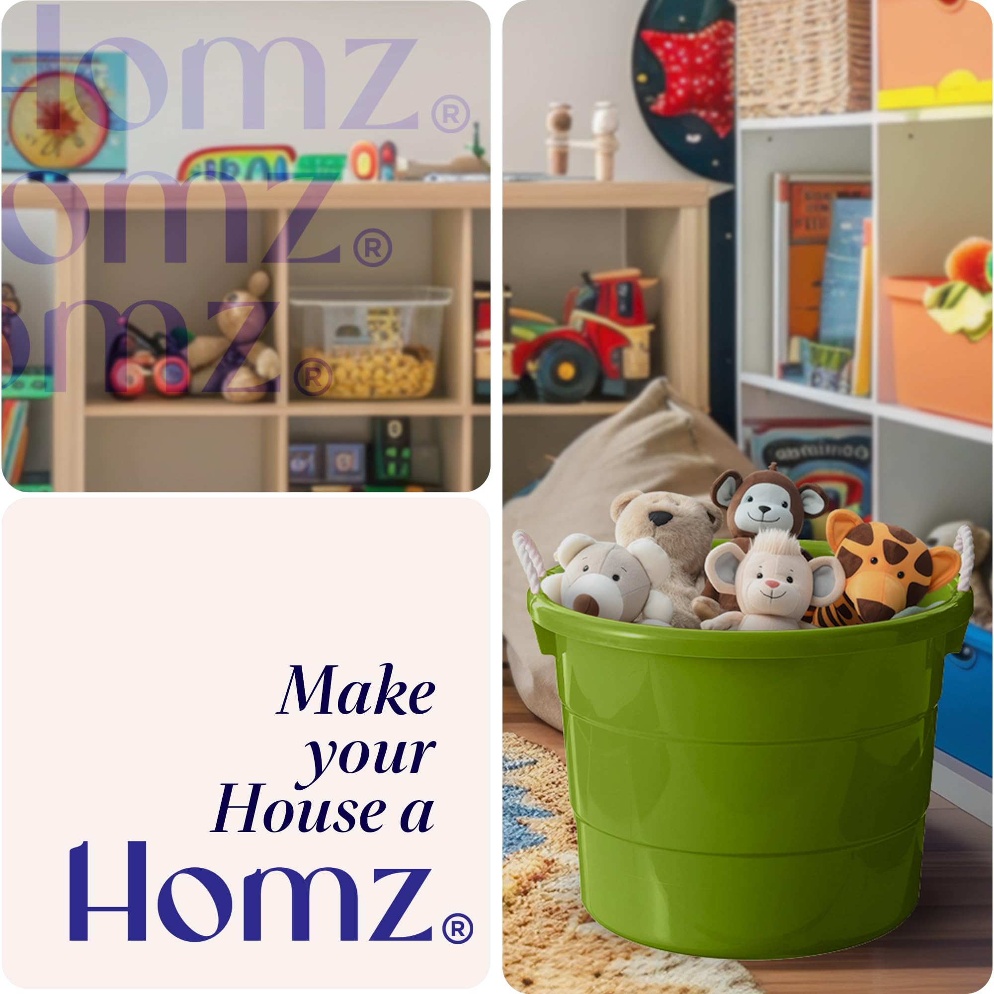 HOMZ 4-Pack 17 Gallon Large Plastic Storage Buckets with Rope Handles - Heavy Duty Utility Tubs for Home Organization, Garage Storage, and Outdoor Use - Green