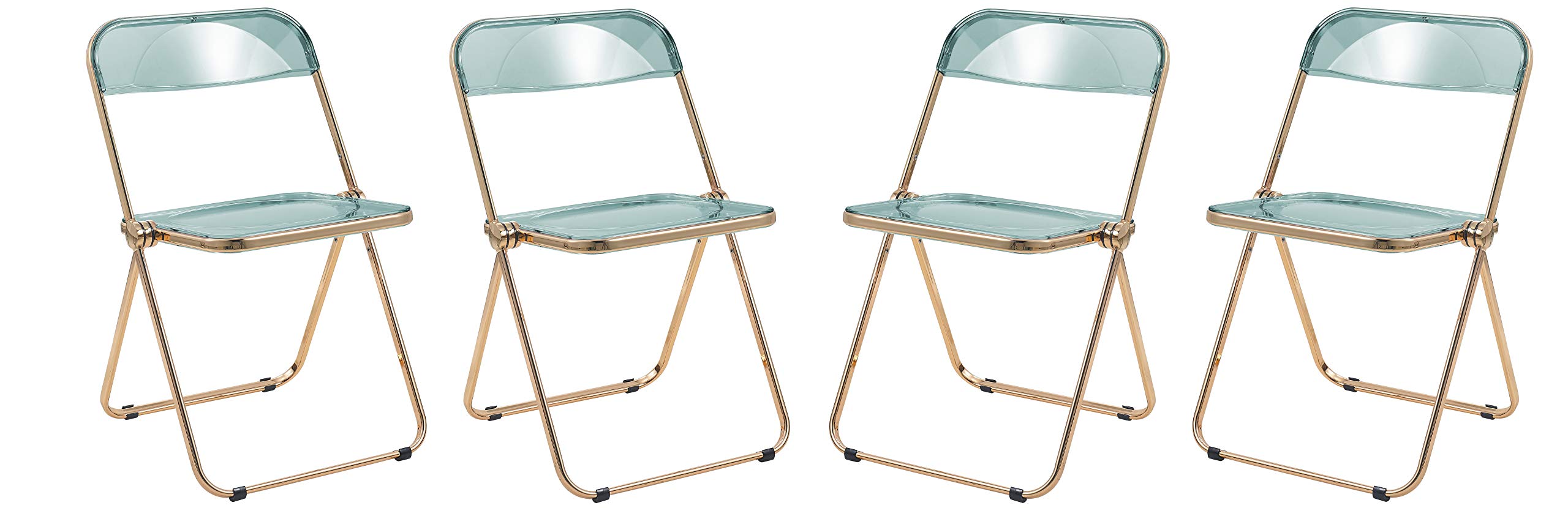 LeisureMod Lawrence Modern Transparent Acrylic Folding Chairs with Gold Metal Frame - Set of 4 Jade Green Patio Chairs for Indoor Outdoor Dining, Poolside, Garden, and Events