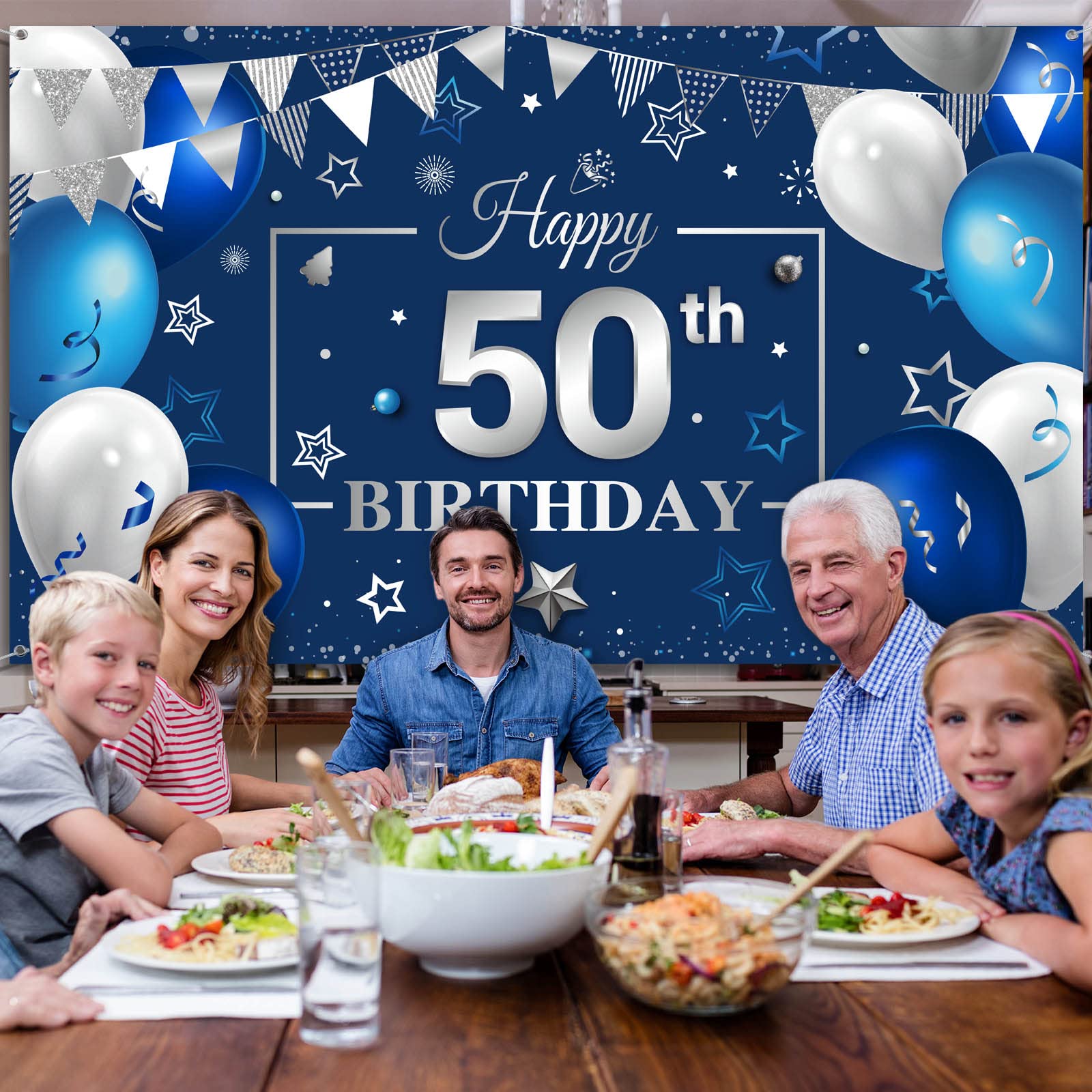 Navy Blue & Silver Happy Birthday Party Backdrop Banner - 50th Birthday Photography Decor for Men & Women, Anniversary Party Photo Props & Supplies - Perfect for Indoor & Outdoor Celebrations, Photo Booths & Social Media Posts