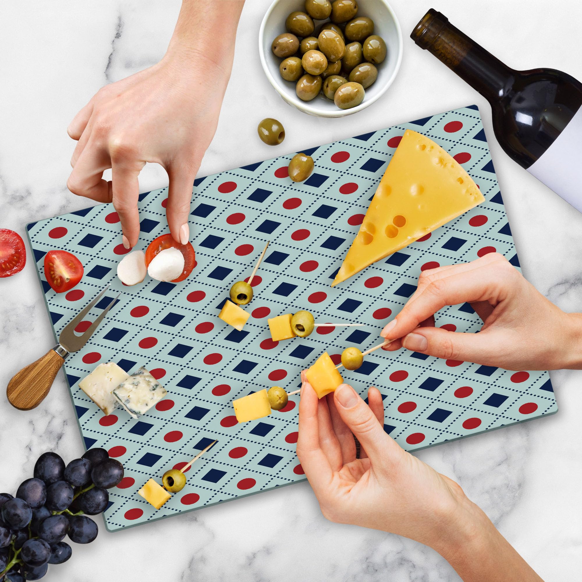 Ambesonne Navy Blue & Red Geometric Glass Cutting Board - Large Tempered Glass Serving Tray with Dots & Dashed Lines Design - Perfect for Cheese Platters, Charcuterie & Kitchen Decor