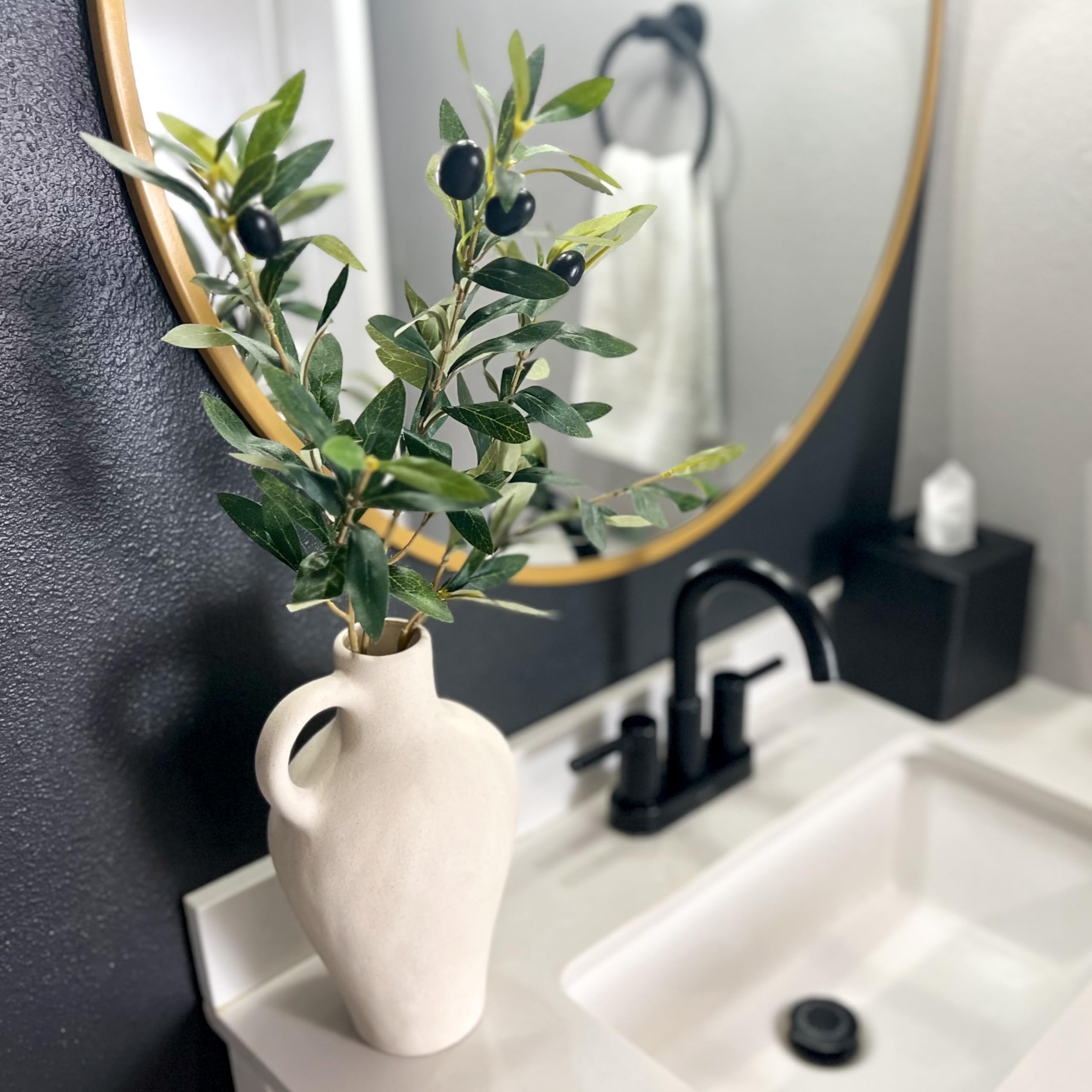 10 Inch Textured Ceramic Vase with 22 Inch Artificial Olive Branches - White Minimalist Home Decor, Fake Plants for Shelf & Office, Luxury Gift Set for Housewarming, Wedding, Birthday (High-End Neutral Decor)